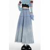 imagechouyatou Womens Distressed Elastic Waist Frayed Maxi Denim Skirt A Line Flared Pleated Long Jean SkirtBlue