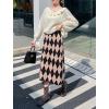 imagechouyatou Womens Elegant Argyle Plaid Pattern Elastic Waist Jacquard Knit Midi Pencil SkirtBlack Khaki