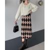 imagechouyatou Womens Elegant Argyle Plaid Pattern Elastic Waist Jacquard Knit Midi Pencil SkirtBlack Khaki