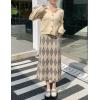 imagechouyatou Womens Elegant Argyle Plaid Pattern Elastic Waist Jacquard Knit Midi Pencil SkirtGray Apricot