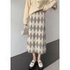 imagechouyatou Womens Elegant Argyle Plaid Pattern Elastic Waist Jacquard Knit Midi Pencil SkirtGray Apricot