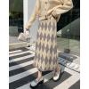 imagechouyatou Womens Elegant Argyle Plaid Pattern Elastic Waist Jacquard Knit Midi Pencil SkirtGray Apricot