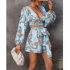imagechouyatou Womens Sexy Tie Knot Lantern Sleeve Floral Print Wide Leg Boho Romper Shorts JumpsuitBlue