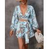 imagechouyatou Womens Sexy Tie Knot Lantern Sleeve Floral Print Wide Leg Boho Romper Shorts JumpsuitBlue