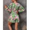 imagechouyatou Womens Sexy Tie Knot Lantern Sleeve Floral Print Wide Leg Boho Romper Shorts JumpsuitGreen