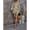 imagechouyatou Womens Sexy Tie Knot Lantern Sleeve Floral Print Wide Leg Boho Romper Shorts JumpsuitGreen