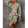 imagechouyatou Womens Sexy Tie Knot Lantern Sleeve Floral Print Wide Leg Boho Romper Shorts JumpsuitGreen