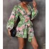 imagechouyatou Womens Sexy Tie Knot Lantern Sleeve Floral Print Wide Leg Boho Romper Shorts JumpsuitGreen