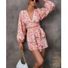 imagechouyatou Womens Sexy Tie Knot Lantern Sleeve Floral Print Wide Leg Boho Romper Shorts JumpsuitRed