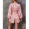 imagechouyatou Womens Sexy Tie Knot Lantern Sleeve Floral Print Wide Leg Boho Romper Shorts JumpsuitRed