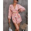 imagechouyatou Womens Sexy Tie Knot Lantern Sleeve Floral Print Wide Leg Boho Romper Shorts JumpsuitRed