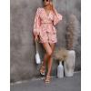 imagechouyatou Womens Sexy Tie Knot Lantern Sleeve Floral Print Wide Leg Boho Romper Shorts JumpsuitRed