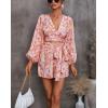 imagechouyatou Womens Sexy Tie Knot Lantern Sleeve Floral Print Wide Leg Boho Romper Shorts JumpsuitRed