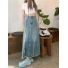 imagechouyatou Womens Summer Casual Flared High Waist Long Jean Skirt ALine Maxi Frayed Denim SkirtBlue