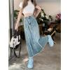 imagechouyatou Womens Summer Casual Flared High Waist Long Jean Skirt ALine Maxi Frayed Denim SkirtBlue