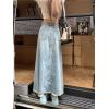 imagechouyatou Womens Summer Casual Flared High Waist Long Jean Skirt ALine Maxi Frayed Denim SkirtBlue
