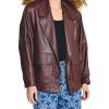imagechouyatou Womens Button Down Faux Leather Jacket Notched Lapel PU Leather Coat with PocketsBrown