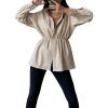 imagechouyatou Womens Casual Long Sleeve Button Down Shirts Pu Faux Leather Peplum JacketBeige Apricot