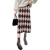 imagechouyatou Womens Elegant Argyle Plaid Pattern Elastic Waist Jacquard Knit Midi Pencil SkirtBlack Khaki