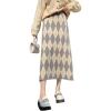 imagechouyatou Womens Elegant Argyle Plaid Pattern Elastic Waist Jacquard Knit Midi Pencil SkirtGray Apricot