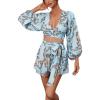 imagechouyatou Womens Sexy Tie Knot Lantern Sleeve Floral Print Wide Leg Boho Romper Shorts JumpsuitBlue