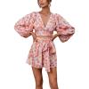 imagechouyatou Womens Sexy Tie Knot Lantern Sleeve Floral Print Wide Leg Boho Romper Shorts JumpsuitRed