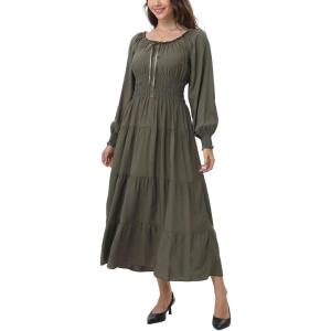 imageWomens 2024 Fall Casual Long Sleeve Square Neck Elastic High Waist Flowy Tiered Aline Maxi DressArmy Green