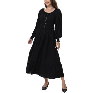 imageWomens 2024 Fall Casual Long Sleeve Square Neck Elastic High Waist Flowy Tiered Aline Maxi DressBlack