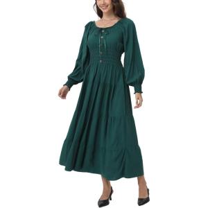 imageWomens 2024 Fall Casual Long Sleeve Square Neck Elastic High Waist Flowy Tiered Aline Maxi DressDeep Green