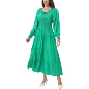imageWomens 2024 Fall Casual Long Sleeve Square Neck Elastic High Waist Flowy Tiered Aline Maxi DressForest