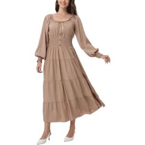 imageWomens 2024 Fall Casual Long Sleeve Square Neck Elastic High Waist Flowy Tiered Aline Maxi DressKhaki
