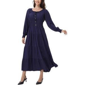 imageWomens 2024 Fall Casual Long Sleeve Square Neck Elastic High Waist Flowy Tiered Aline Maxi DressNavy Blue