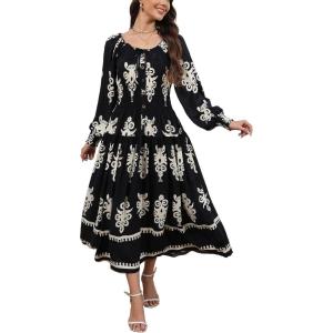 imageWomens 2024 Fall Casual Long Sleeve Square Neck Elastic High Waist Flowy Tiered Aline Maxi DressNavy Blue Print