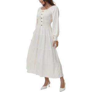 imageWomens 2024 Fall Casual Long Sleeve Square Neck Elastic High Waist Flowy Tiered Aline Maxi DressOffwhite
