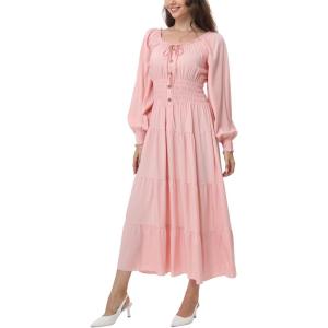 imageWomens 2024 Fall Casual Long Sleeve Square Neck Elastic High Waist Flowy Tiered Aline Maxi DressPink