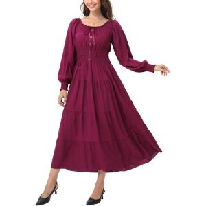 imageWomens 2024 Fall Casual Long Sleeve Square Neck Elastic High Waist Flowy Tiered Aline Maxi DressPurple