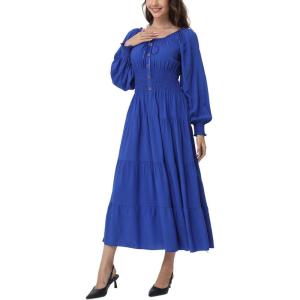imageWomens 2024 Fall Casual Long Sleeve Square Neck Elastic High Waist Flowy Tiered Aline Maxi DressRoyal Blue