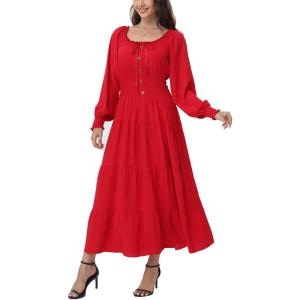 imageWomens 2024 Fall Casual Long Sleeve Square Neck Elastic High Waist Flowy Tiered Aline Maxi DressSolid Red