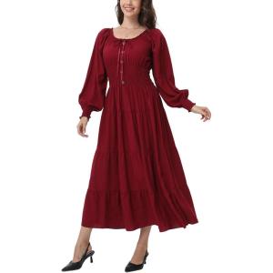 imageWomens 2024 Fall Casual Long Sleeve Square Neck Elastic High Waist Flowy Tiered Aline Maxi DressWine Red