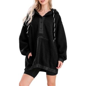 imagechouyatou Women Fall Fuzzy Pullover Fleece Jacket Sweatshirt Casual Floral Winter Sherpa Hoodie Jacket with PocketBlack