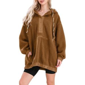 imagechouyatou Women Fall Fuzzy Pullover Fleece Jacket Sweatshirt Casual Floral Winter Sherpa Hoodie Jacket with PocketBrown