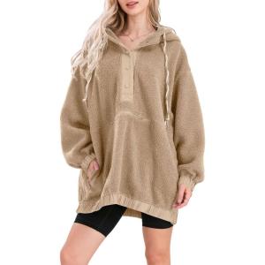imagechouyatou Women Fall Fuzzy Pullover Fleece Jacket Sweatshirt Casual Floral Winter Sherpa Hoodie Jacket with PocketKhaki