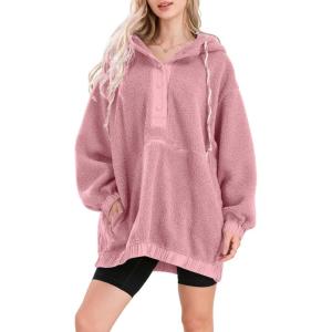 imagechouyatou Women Fall Fuzzy Pullover Fleece Jacket Sweatshirt Casual Floral Winter Sherpa Hoodie Jacket with PocketPink