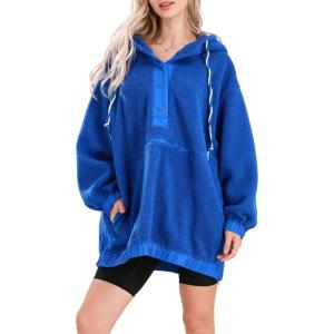 imagechouyatou Women Fall Fuzzy Pullover Fleece Jacket Sweatshirt Casual Floral Winter Sherpa Hoodie Jacket with PocketRoyal Blue