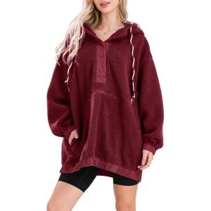 imagechouyatou Women Fall Fuzzy Pullover Fleece Jacket Sweatshirt Casual Floral Winter Sherpa Hoodie Jacket with PocketWine Red