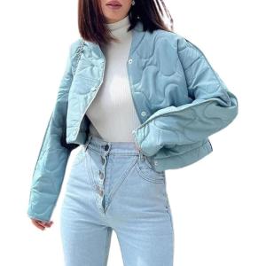 imagechouyatou Women Winter Warm Puffer Padded Jacket Quilted Down Button Down Collarless Cropped Short CoatsBlue