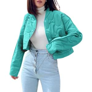 imagechouyatou Women Winter Warm Puffer Padded Jacket Quilted Down Button Down Collarless Cropped Short CoatsGreen