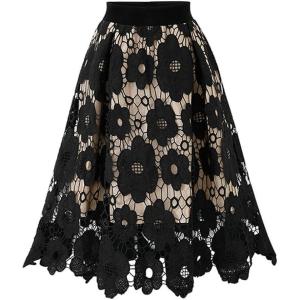 imagechouyatou Womens Beautiful HollowOut Floral Lace High Waisted ALine Midi Long SkirtBlack