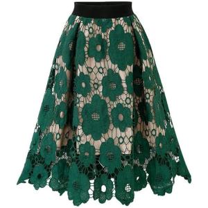 imagechouyatou Womens Beautiful HollowOut Floral Lace High Waisted ALine Midi Long SkirtGreen