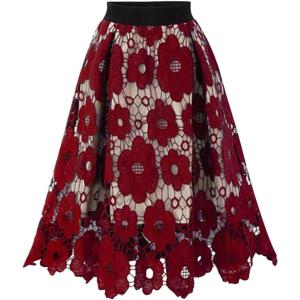 imagechouyatou Womens Beautiful HollowOut Floral Lace High Waisted ALine Midi Long SkirtRed